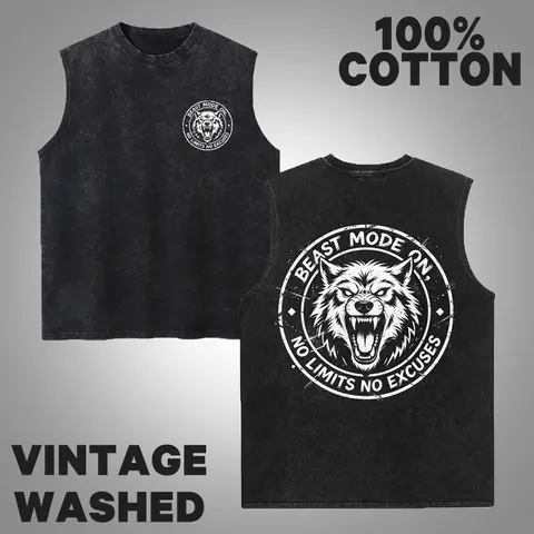 Men's Cotton Retro 90s Wolves DTG Print Loose Graphic Vest - Distressed Drape, Soft on Fabric, Casual Basic Sleeveless Menswear, Round Neck, Streetwear Outfit