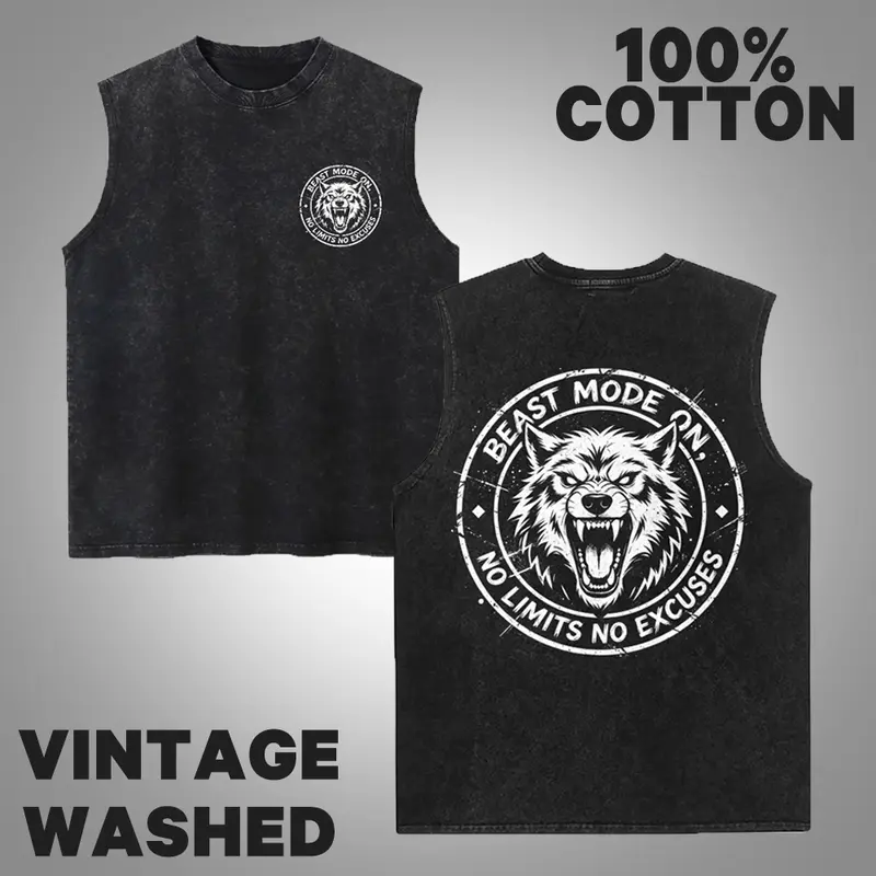 Men's Cotton Retro 90s Wolves DTG Print Loose Graphic Vest - Distressed Drape, Soft on Fabric, Casual Basic Sleeveless Menswear, Round Neck, Streetwear Outfit
