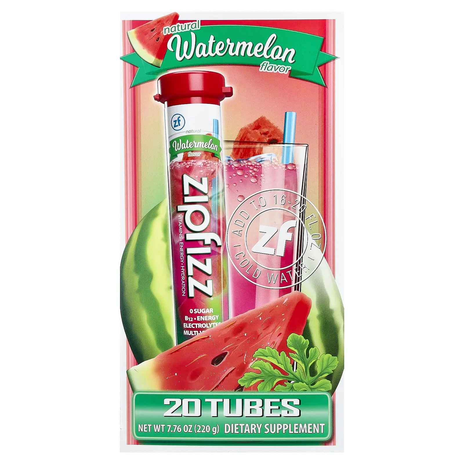 Zipfizz Energy Drink Mix, Watermelon, 20 Tubes, 0.39 oz (11 g) Each