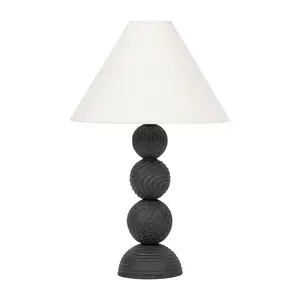 Miela Table Lamp – Black Motif Ceramic, Folk Art Design, Off-White Linen Shade, 30-Inch Height