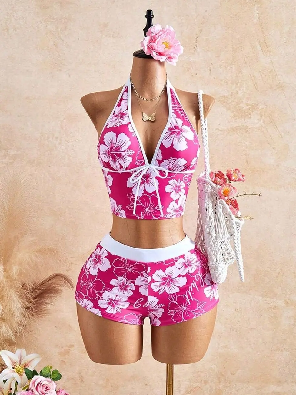 Bellisia Fuchsia Pink Tropical Hibiscus Print Halter Tankini Set | White Contrast Trim Tie-Front Top with High-Waisted Boy Shorts 2-Piece Swimsuit