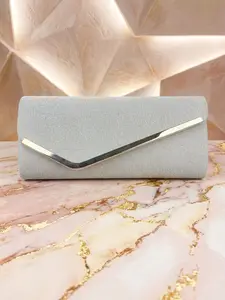 Trendy Silver Color Glitter Envelope Clutch Bag, V Metal Trim, Luxury Evening Handbag for Prom, Wedding & Formal Occasions