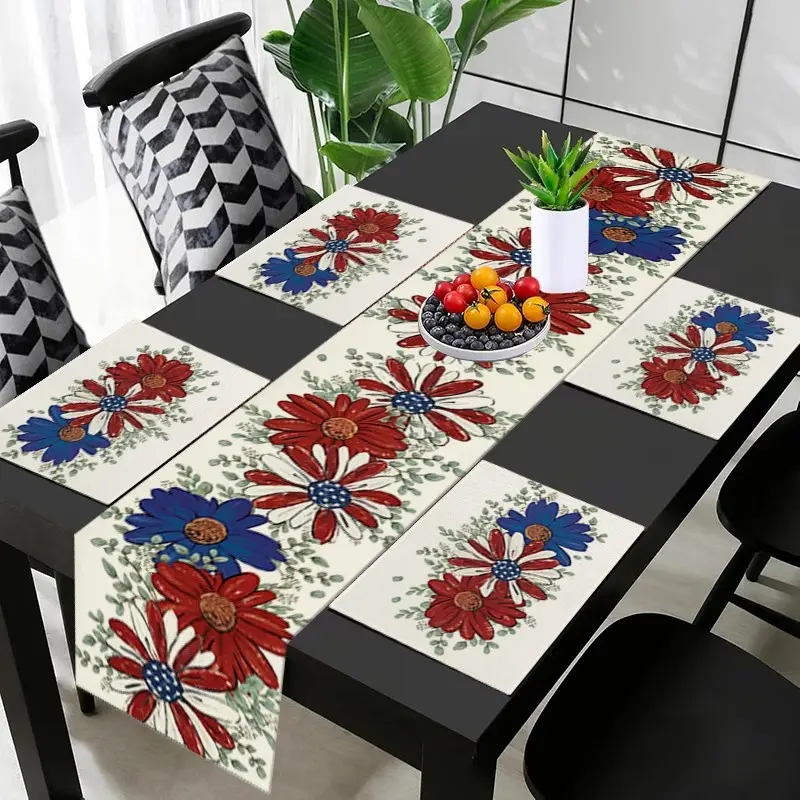 2D flat printing, 1 piece/2 pieces/4 pieces/6 pieces/8 pieces/5 pieces set/7 pieces set patriotic American table flag placemat set, Table Mats, daisies, sunflowers and stars - desktop decoration No. 7, Independence Day party decoration, Memorial Day