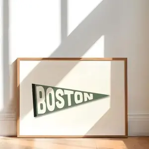 Vintage Boston Pennant Print  Boston Flag Pink Wall Art  Massachusetts City Art