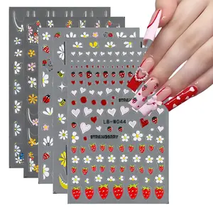 5 Sheets 3D Nail Art Stickers Spring Summer Emboss Strawberry Flower Fruit Ladybug Decals Creative Women Floral Manicure Decoration for Holiday Vacation Stylish Trendy Nail Art Design DIY Supplies