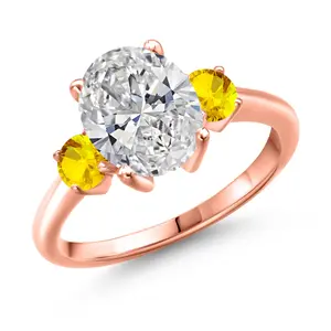 2.72 cttw IGI Certified Lab Grown Diamond and Yellow Sapphire 3-Stone Engagement Ring For Women | 18K Rose Gold Plated Silver | Center 2.00 Ct Diamond | E-F Color | VS1-VS2 Clarity