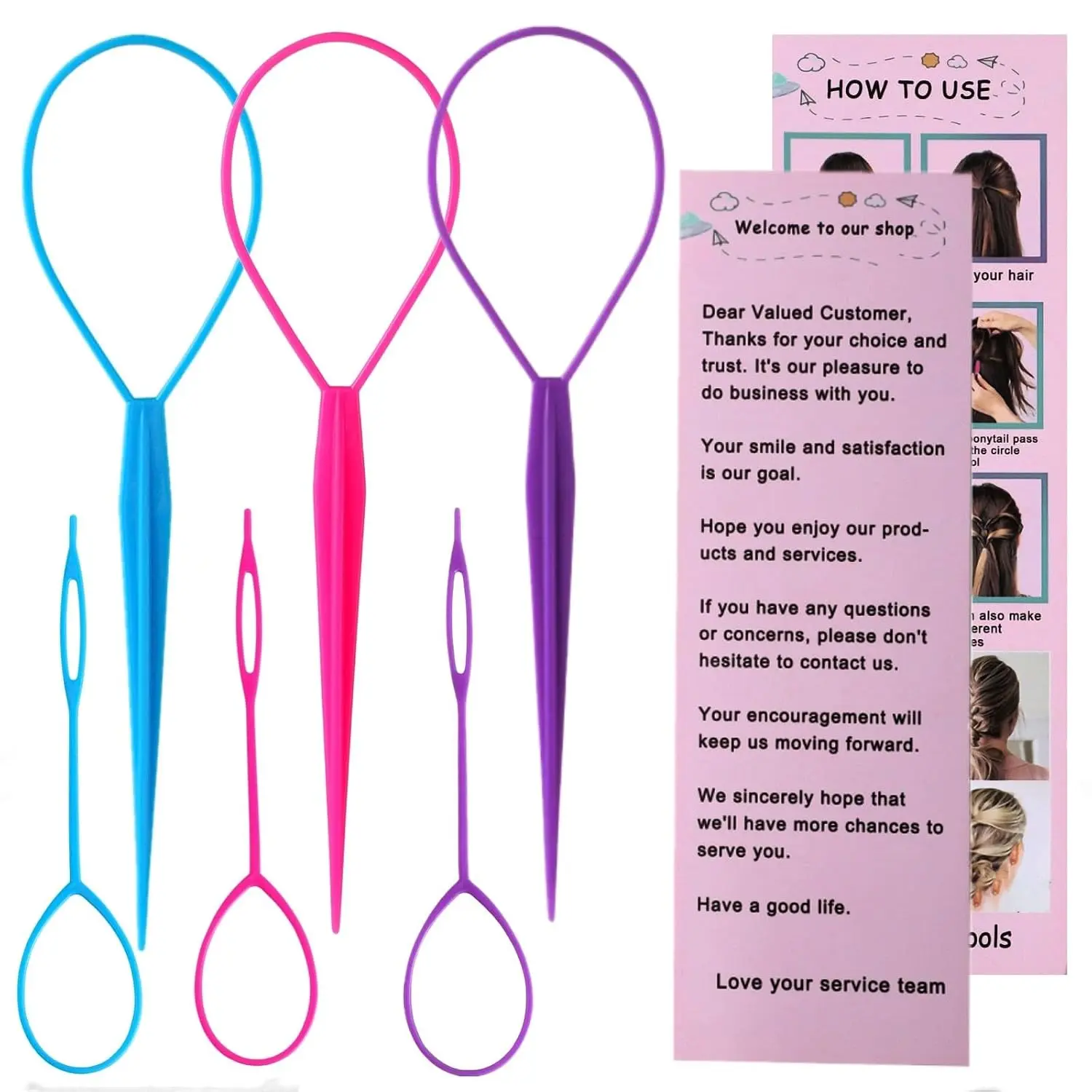 6pcs Topsy Tail and Hair Loop Styling Tool Set - Ponytail Makers, French Braid Loops in Large and Small, Hair Pull Through Tools (Pink, Blue, Purple) for Women and Girls
