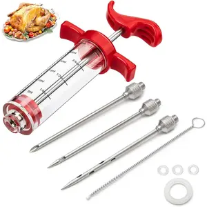 Meat Injector Syringe Kit - 1-oz Marinade Injector for Thanksgiving Turkey, BBQ & Grilled Meat, Includes 3 Stainless Steel Needles, O Rings & Cleaning Brush