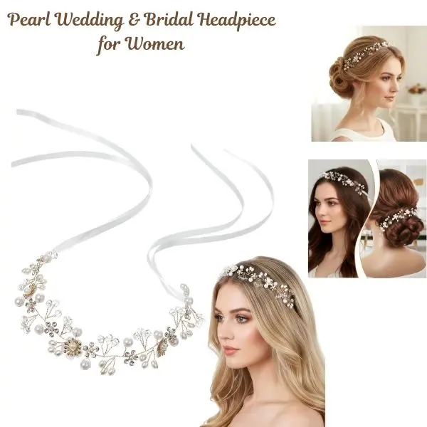 Women's Classic Bridal Floral Hair Vine - Silver Crystal Flower & Pearl Bead Decoration Headpieces, Bling Floral Motif Accessory, Flip-On Closure Silver Wedding Headband for Bride's Wedding & Engagement Events, Female Versatile Fashion Hair Accessory