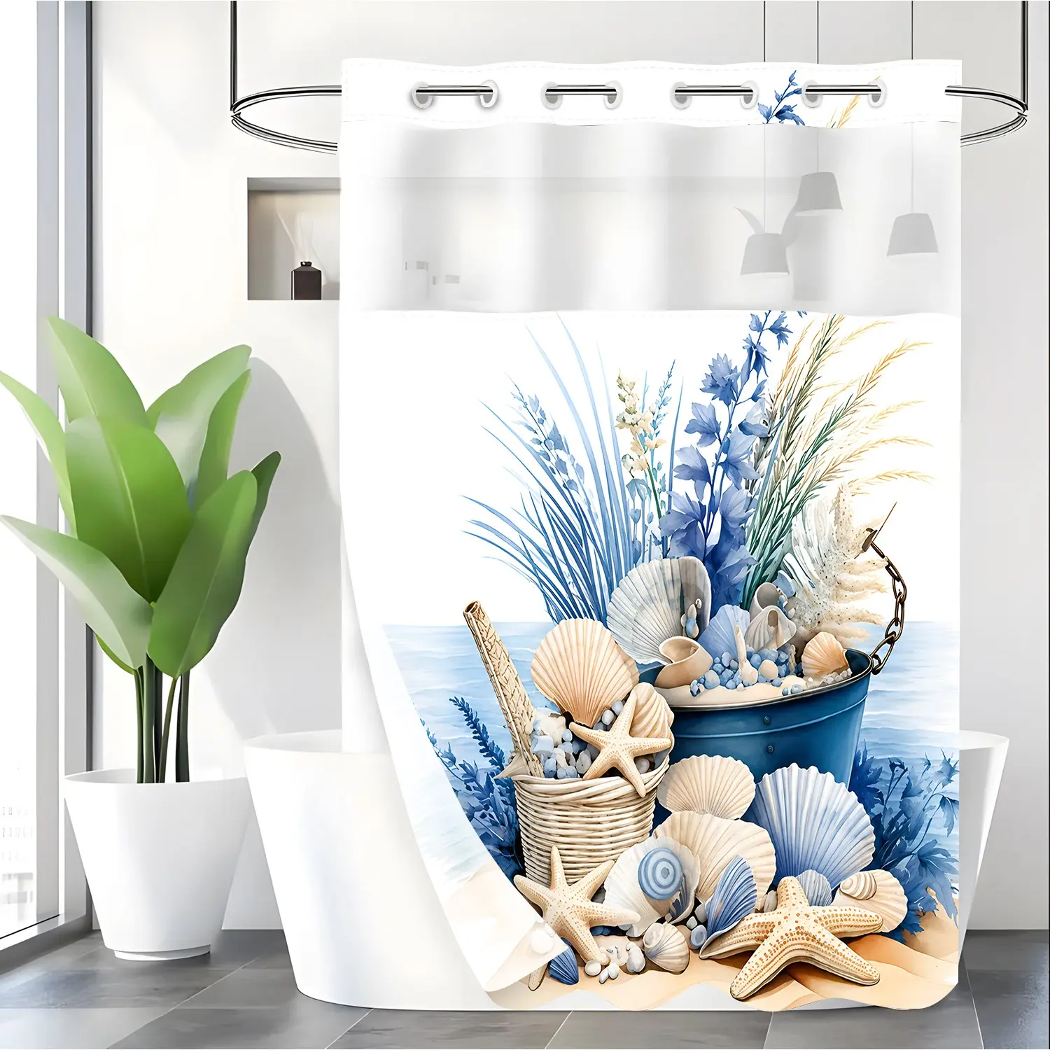 LVRLVR 1pc Coastal Nautical Blue Seashell Starfish Summer Shower Curtain, Beach Watercolor Print, Sheer Top Window, Detachable Liner & No Hook C-Ring, 70.8" x 74"