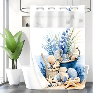 LVRLVR 1pc Coastal Nautical Blue Seashell Starfish Shower Curtain, Beach Watercolor Print, Sheer Top Window, Detachable Liner & No Hook C-Ring, 70.8" x 74"