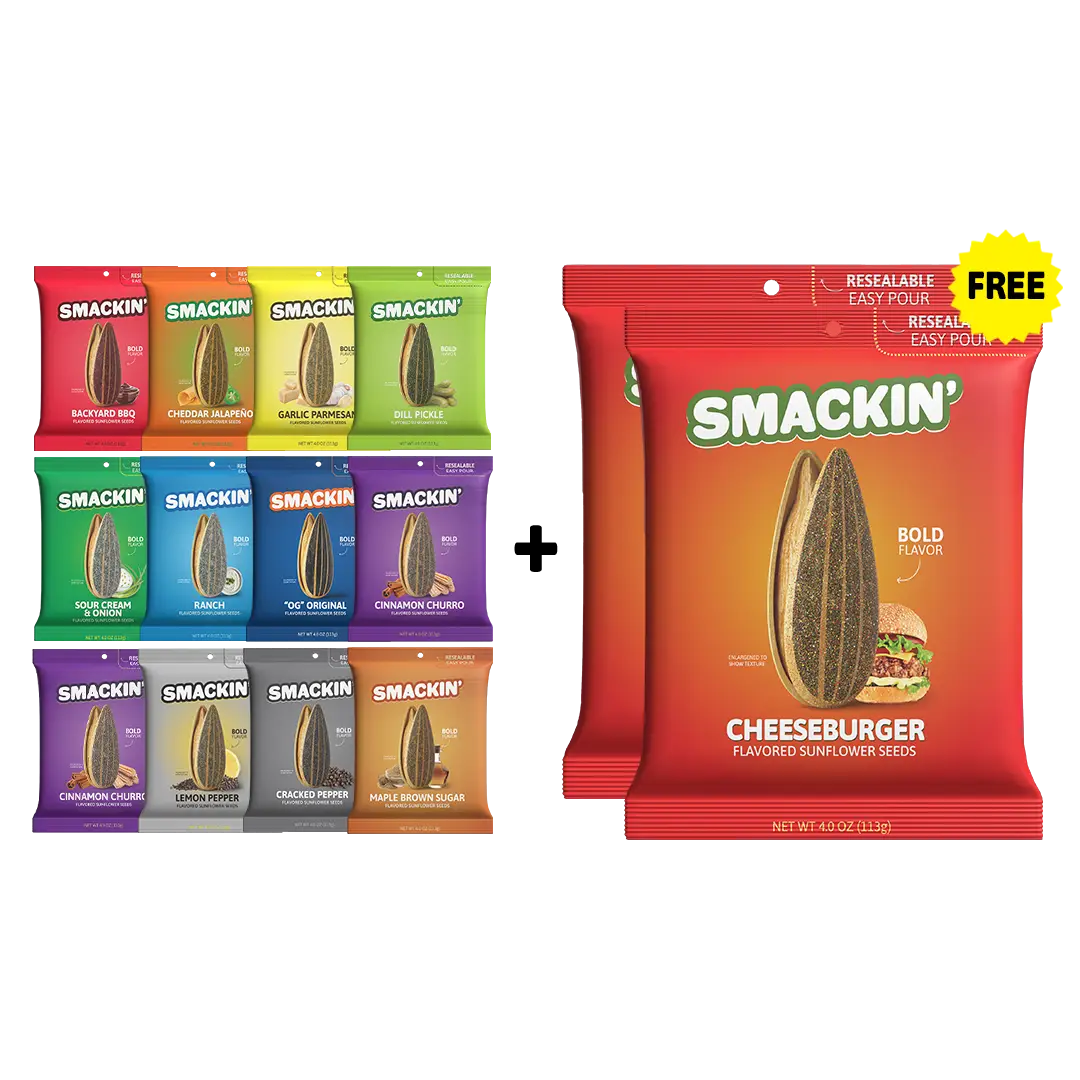 SMACKIN' Sunflower Seed 2 FREE BAGS + 12 Bag Variety Pack, Variety Flavors, Resealable 4 OZ Bags, No Salty Burn