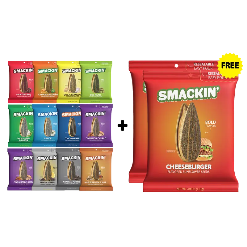 SMACKIN' Sunflower Seed 2 FREE BAGS + 12 Bag Variety Pack, Variety Flavors, Resealable 4 OZ Bags, No Salty Burn