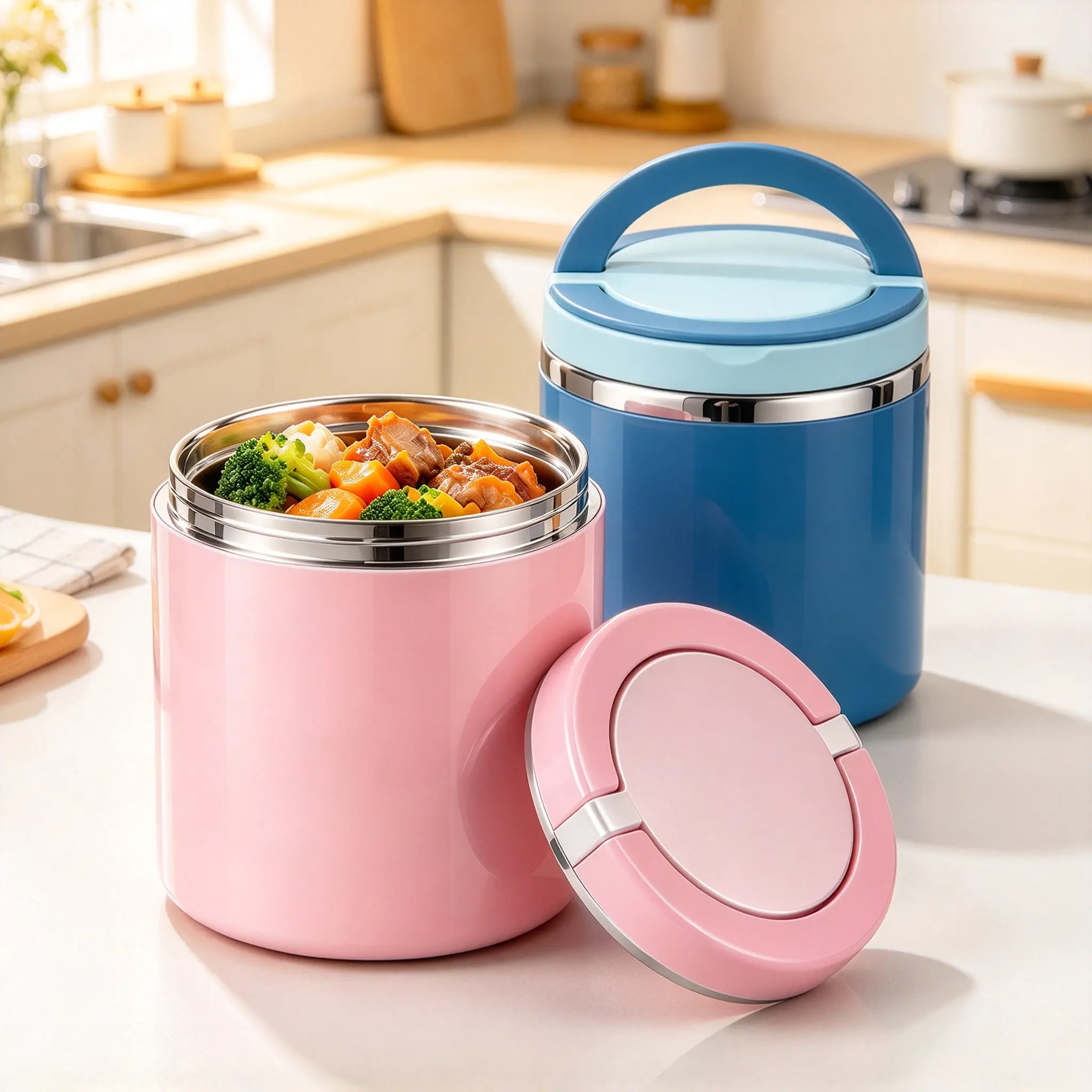 Insulated Lunch Box, Thermal Food Container with Leakproof Lid, Large Capacity Portable Meal Jar with Ergonomic Handle, Reusable Bento Box for Office, Camping, Travel, Easy to Clean