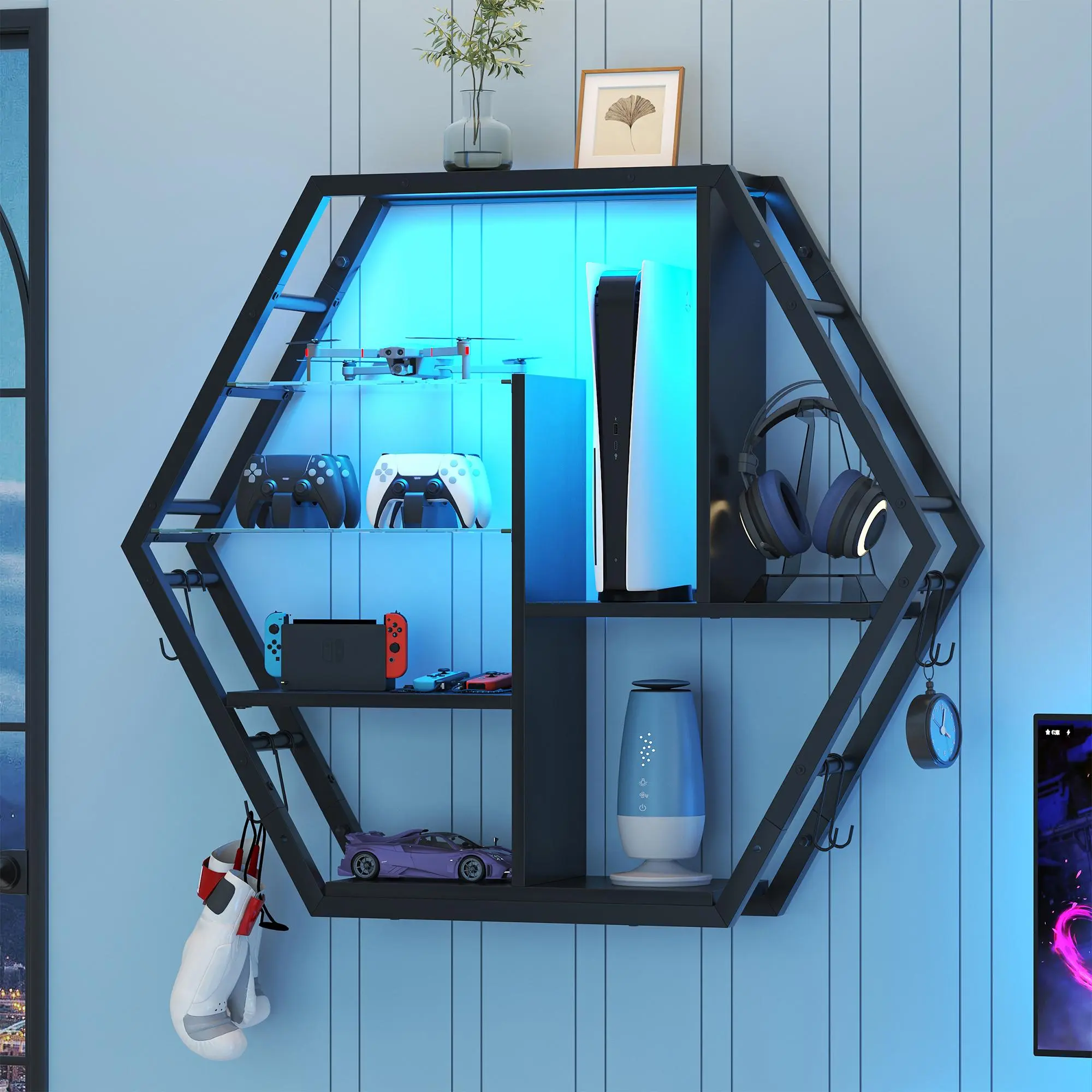 Hexagon Gaming Floating Shelves, 39.4 inch LED Wall Mounted with Glass Shelves & 8 Hooks, 5 Tier Display Shelves with RGB Lighting