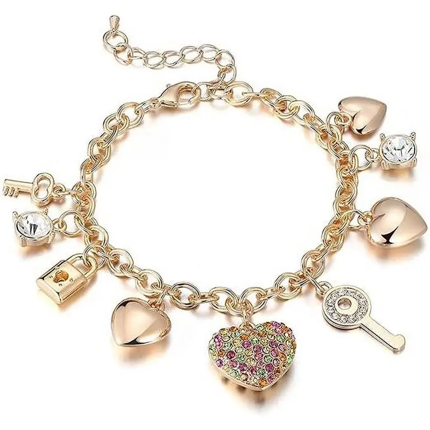 BHC5 Gold Chain Link Bracelet - 7"+ 2" Extender 14K Gold Plated Love Locked Bracelets for Women, with Crystal, Love Heart,Key, Lock, Charm Bracelet