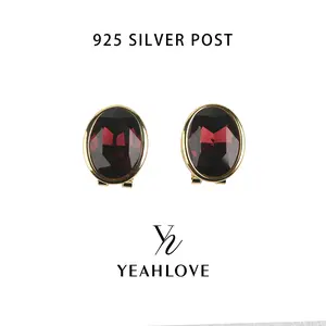 YEAHLOVE Oval Garnet Red Crystal Stud Earrings  925 sterling silver posts — hypoallergenic, sensitive ears friendly. Gold-tone vintage statement style. Elegant for daily wear or special occasions.