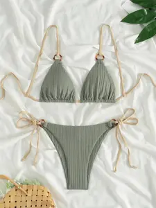 Women's Contrast Binding Tie Back Bikini Set, Casual Fashion Chic Swimsuit Set for Beach Holiday Vacation, Ladies Swimwear for All Seasons, Bikini Outfits