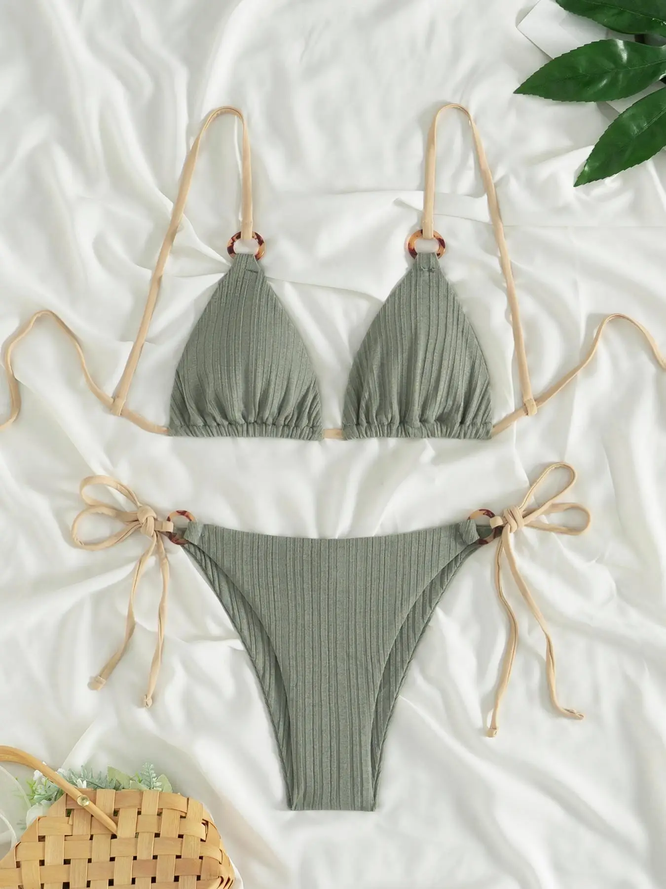 Women's Contrast Binding Tie Back Bikini Set, Casual Fashion Chic Swimsuit Set for Beach Holiday Vacation, Ladies Swimwear for All Seasons, Bikini Out