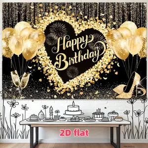Gold Heart Birthday Banner, Shiny Gold Heart, Balloons, Champagne, High Heels, Festival Glitter, Polyester Background Cloth