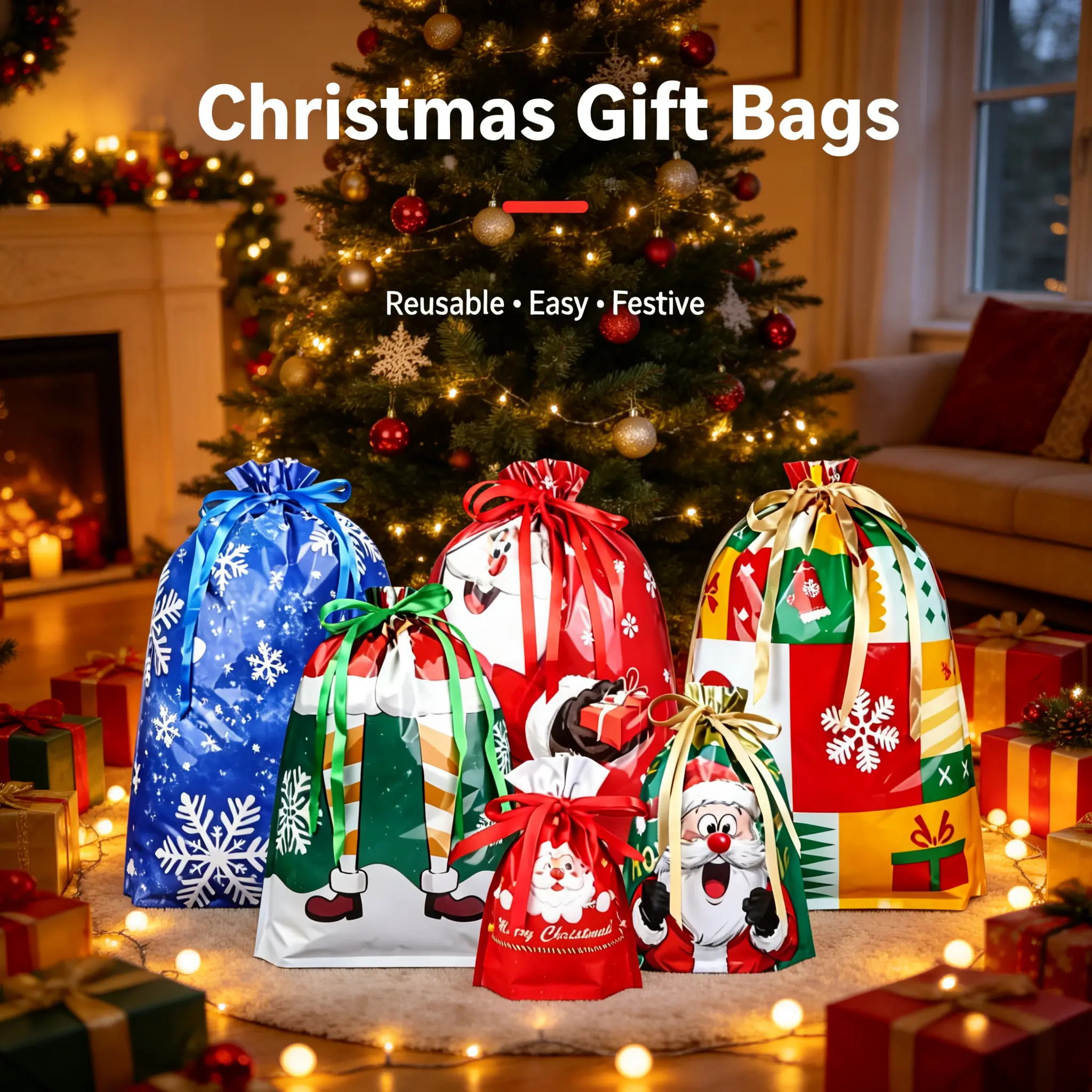 25Pcs Christmas Drawstring Gift Bags With Hang Tags, Multi-size Festival Packaging Bags, Reusable Holiday Treat Bags For Christmas, Party, Birthday, Wedding Decoration