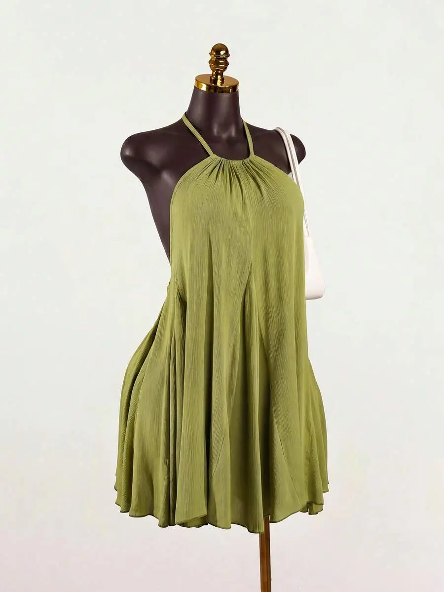 LORENA Women Solid Color Ruched Halter Casual Party Mini Dress