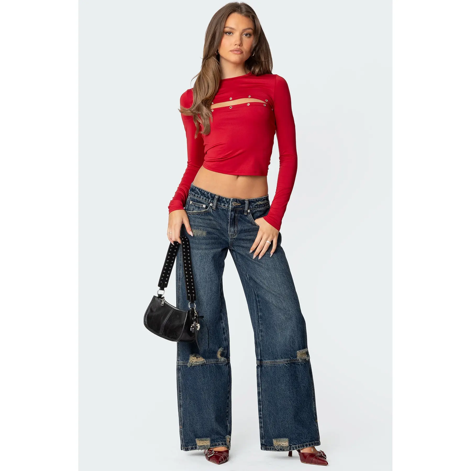Slitted Distressed Low Rise Baggy Jeans