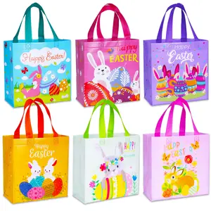 Happy Easter Egg Hunt Bags Bunny Carrot Chick Gift Bags with Handles, Treat Bags, Reusable Non-Woven Easter Bags for Gifts Wrapping, Party Supplies, Easter Basket Container, 9.1×8.7×4.5inch, 6-Piece
