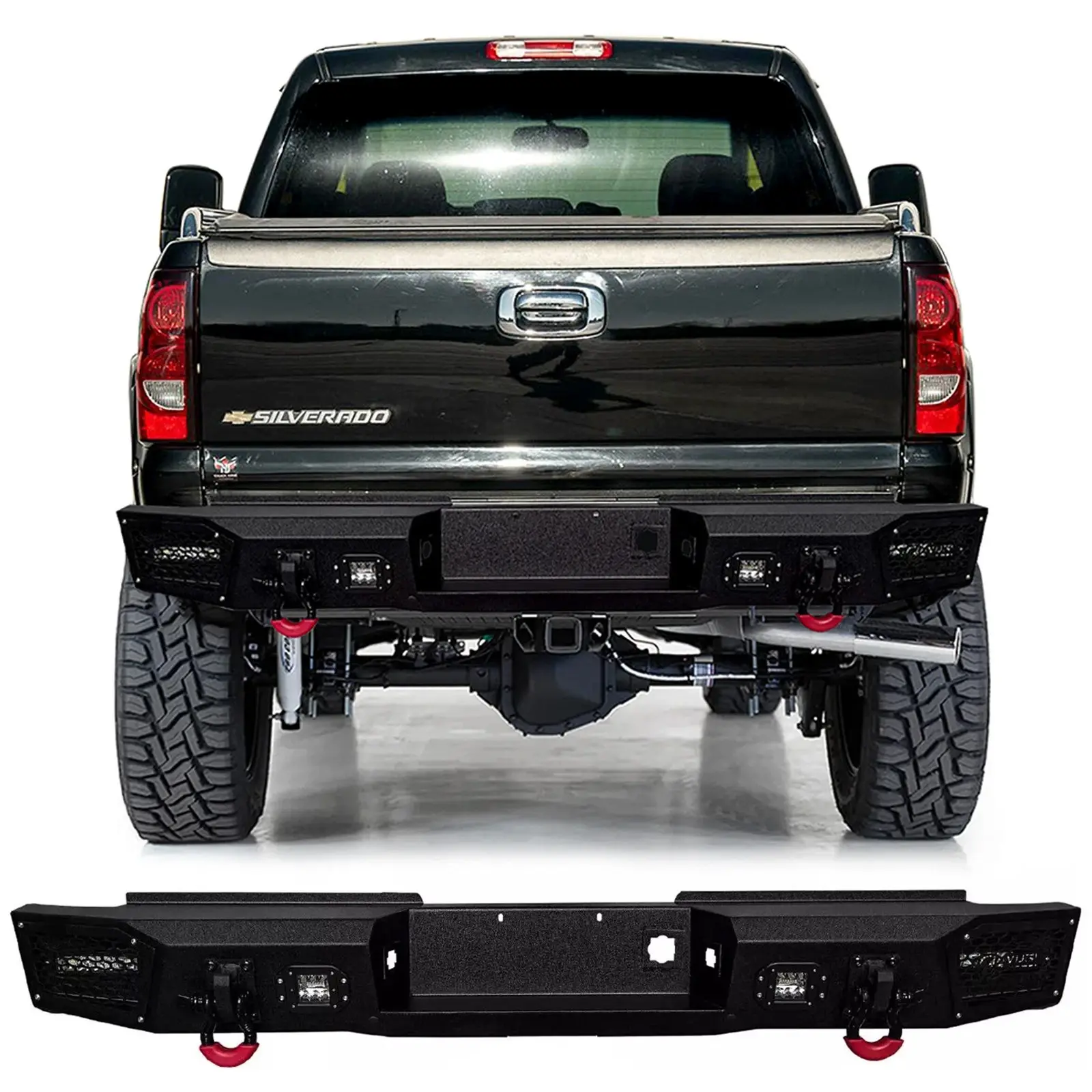 Vijay Steel Rear Bumper for 1999-2006 GMC Sierra 2500HD/3500 & 2007 Chevy Silverado 1500/2500/3500 Classic, 1 Set with 1x144W LED Lights, 2x4.75-T D-Rings, Screws, 30 Days Money Back, Fast Shipping, 77.56x27.91x19.61in Auto Replacement Bumper, 77.56X27.91