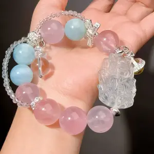 081 Aquamarine Rose Quartz Clear Quartz bracelet with certificate box cleaning tools