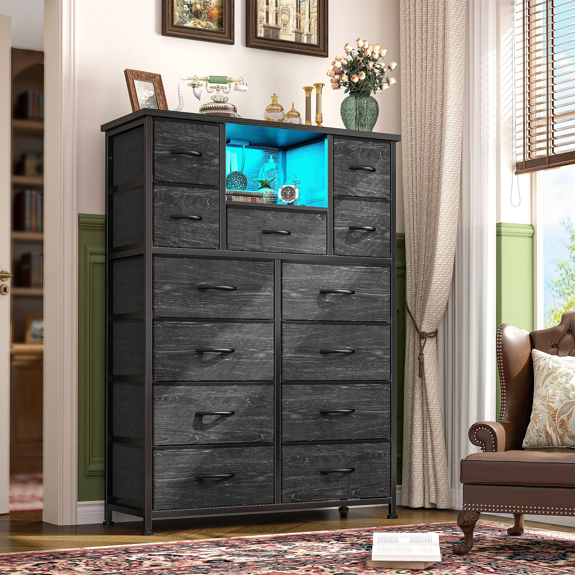 Raybee LED Light Dresser for Bedroom with 13 Fabric Drawers, Small-Space Storage Dresser Organizer with Charging Station, Tall Chest of Drawers with Open Wooden Shelves, LED Ambient Light Nightstand Console for Living Room, Hallway, Dorm & Apartment Décor