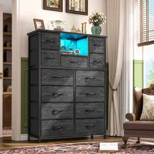 Raybee LED Light Dresser for Bedroom with 13 Fabric Drawers, Small-Space Storage Dresser Organizer with Charging Station, Tall Chest of Drawers with Open Wooden Shelves, LED Ambient Light Nightstand Console for Living Room, Hallway, Dorm & Apartment Décor