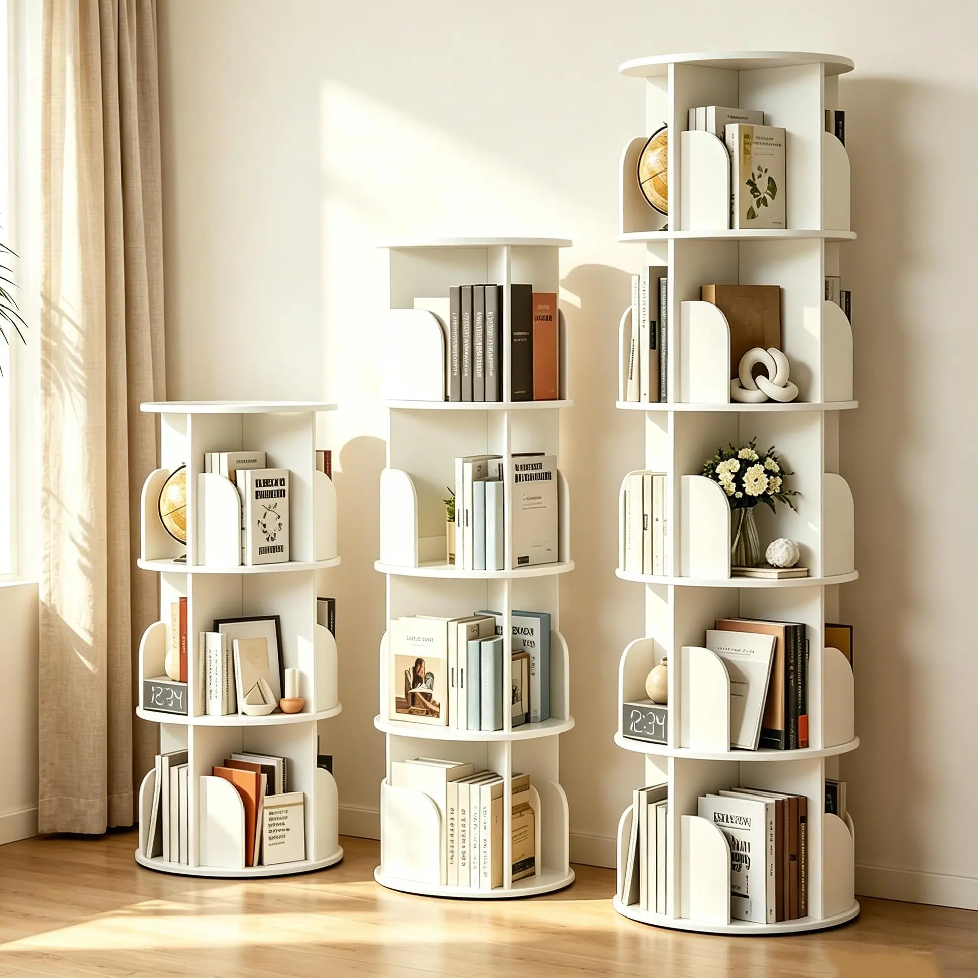 White 3/4/5-Tier 360° Rotating Bookshelf Tower – Freestanding Corner Bookcase with Lazy Susan, Space-Saving for Bedroom & Living Room