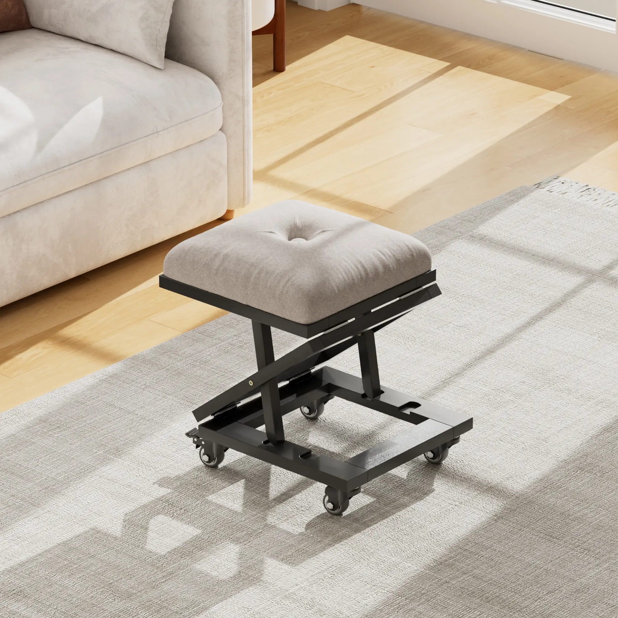 VECELO Foldable Foot Rest For Under Desk With 2 Height Levels, Folding Ottoman Footrest With Wheels, Height Adjustable Rolling Stools With Linen Upholstery, Compact Adjustable Seat For Living Room, Bedroom, Home Office