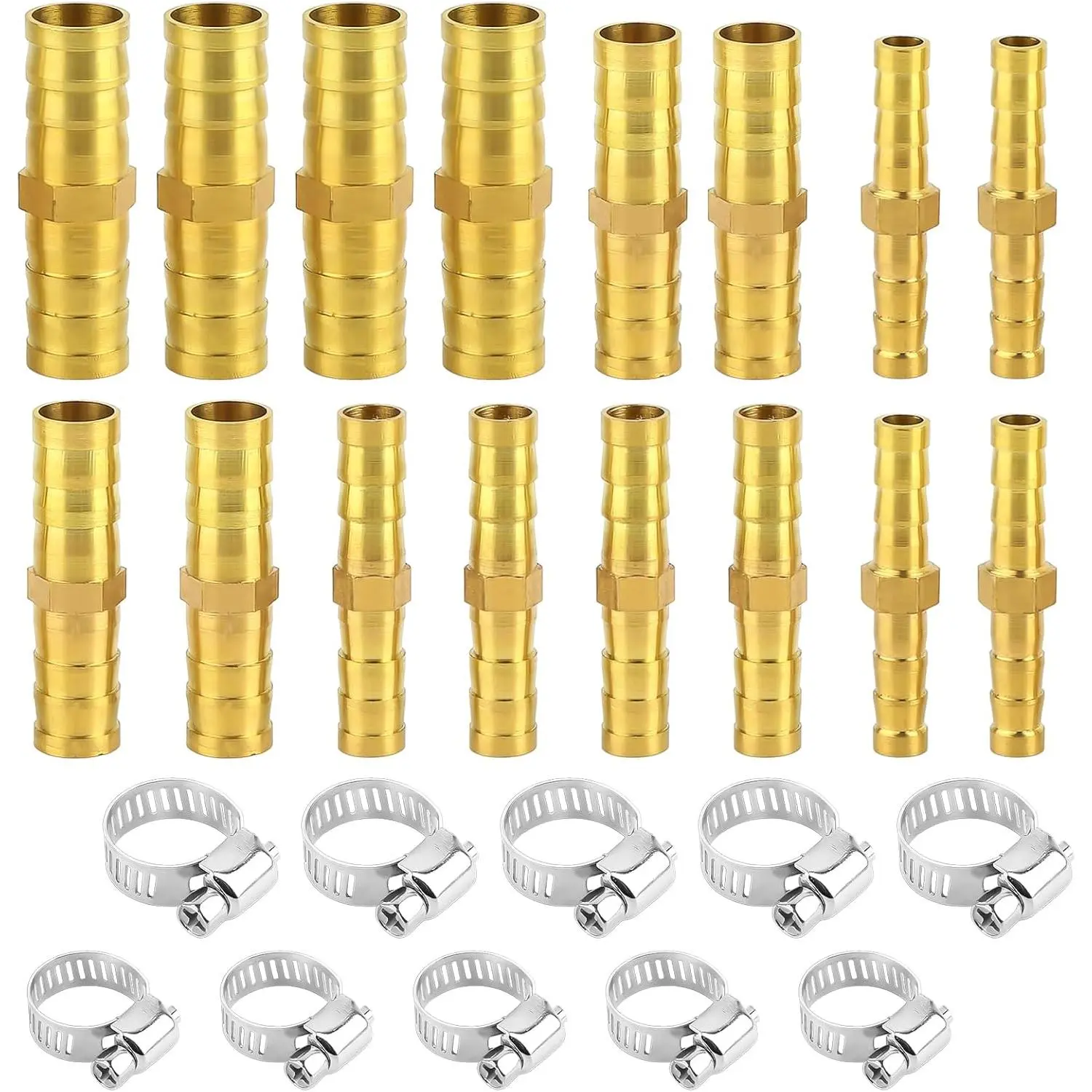 High-Quality Brass Hose Connector Kit with Attachment, Quick Connect & Pipe Repair - 16 Barbed Fit Connectors, 10 Clamps, Leakproof Seal, Multi-Size (6mm/8mm/10mm/12mm) for Water Pipe, Air Line, Hose Attachment