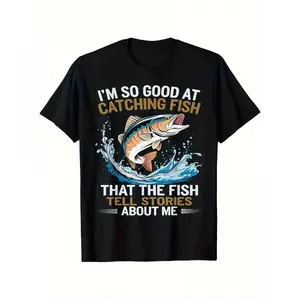 Men's Funny Fishing T-Shirt I Fish So Well The Fish All Tell Stories with Jumping Fish Graphic Lightweight Breathable 100% Cotton All-Season Casual Outdoor Fishing Apparel Sizes S-XXXL Machine Washable Ideal Gift  double print   Retro  Vintage Metalcore