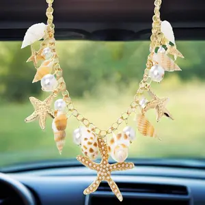 Coastal Starfish & Shell Rearview Mirror Charm – Beaded Ocean-Themed Hanging Car Ornament