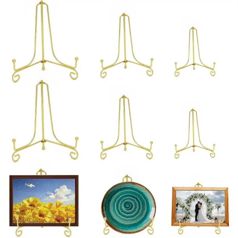 4 PCS Gold Iron Plate Stands for Display, Foldable, Collapsible Design Book Holder & Easel Stand for Sign, Versatile Poster Stand, Racks and Small Plate Stand for Home Decor, Decoration Stand, Art, Photo Frame, Card, Crystal Display