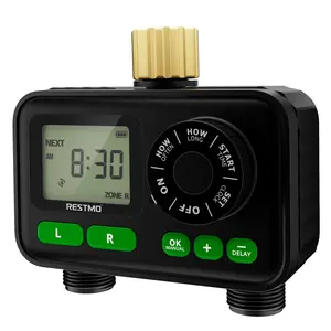 RESTMO 2 Zone Sprinkler Timer, Programmable Water Timer for Garden Hose, Automatic Control | Manual ON/Off | Rain Delay for Outdoor Faucet, Drip Irrigation and Lawn Watering System