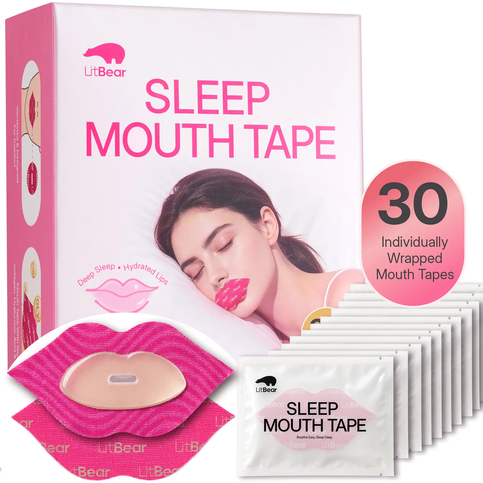 LitBear Sleep Mouth Tape - Hydrating & Moisturizing Mouth Tape For Sleep - Bigger Hydrogel Coverage - Mouth tape with Collagen Hyaluronic Acid Vitamin E & Glycerin - Built in Lip Mask - One Month Supply