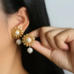 1pair/2pcs Stainless Steel Flower Imitation Pearl Drop Dangle Earrings Stylish Trendy Waterproof 18K PVD Plated Metal Jewelry for Women