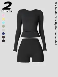 Women's Sporty Long Sleeve & Short Pants Set, Sweatsuit Set, Workout Sets Women, Workout Daily Wear, Yoga Wear, High Elastic Waist Design, Breathable Quick-Dry Fabric, Ideal for Gym Running Home Travel