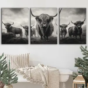 Highland Cow Pattern Canvas Painting with Frame, 3 Counts Modern Wall Art Painting, Wall Art Decor for Home Living Room Bedroom Office