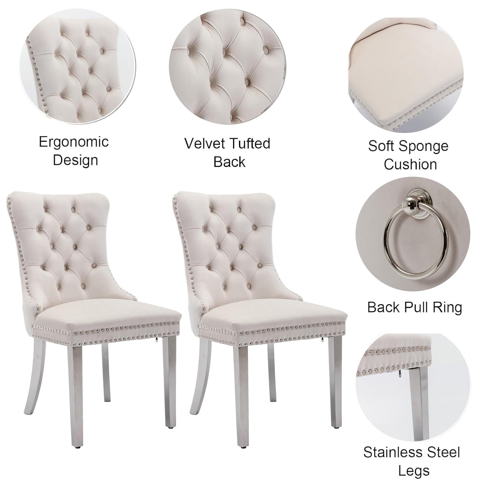 Dining Table Set for 6,Kitchen Table Chairs Set of 6,Rectangular Dining Table,Modern Dining Room Set 63" White Tempered Glass Top with Adjustable Stainless Steel Base,Velvet Dining Chairs,Sliver Stainless Steel Plating Legs,Suitable for Dining Room,Office