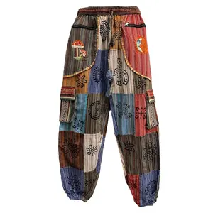 Unisex Handmade Hippie Style Pants Embroidered Mushroom Sun Face Celestial Print Cargo Pants Machine Washable