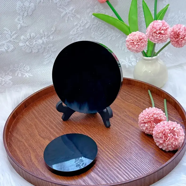 Black Obsidian Scrying Mirror, 80mm Round Decorative Crystal Stone with Stand - Witchy Altar Decor for Grounding & Negative Energy Shielding, Crystal Decorative Stones, Witchy Things