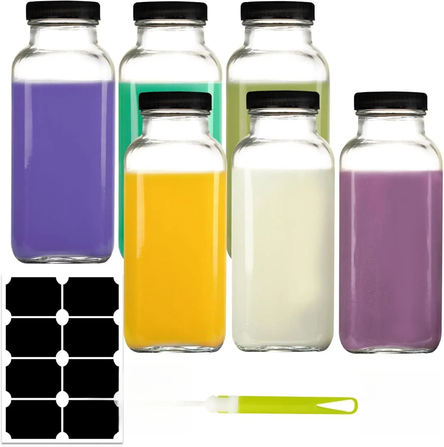 6 Pack 12 oz Glass Juice Bottles, 350 ml Glass Square Water Bottles with Lids, Reusable Empty Drinking Jars with Labels and Brush Set Organiser