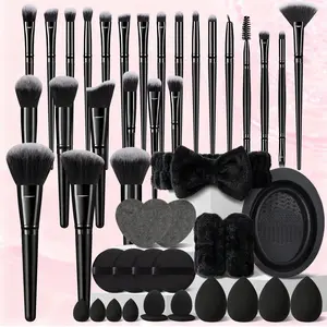 Facial Make up Brush Kit, Professional Makeup Brushes Set includes 25Pcs Black Multi-functional Brushes, Makeup Sponges Set, Finger Puffs, Triangle puffs, Headband, Wristbands, Cleaning Tools, Professional Makeup Tools Set for All Skin