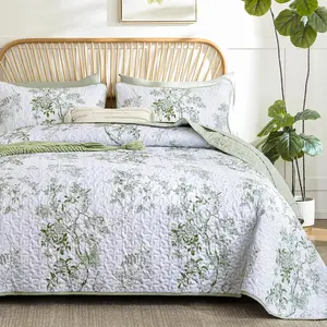 Green Floral Quilt Set ,Botanical Leaf & Butterfly  Quilts Bedspread Coverlet Set,Soft Beautiful Farmhouse  Quilts  Set