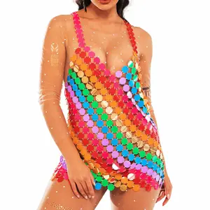 Aukmla Sequin Rainbow Mini Dress Sparkly Dots Disco Rave Chainmail Dresses Nightclub Body Chain Dress